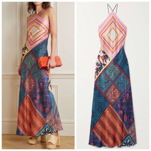 STAUD Cubism Patchwork Print Satin Halter Maxi Dress Gown X-Small